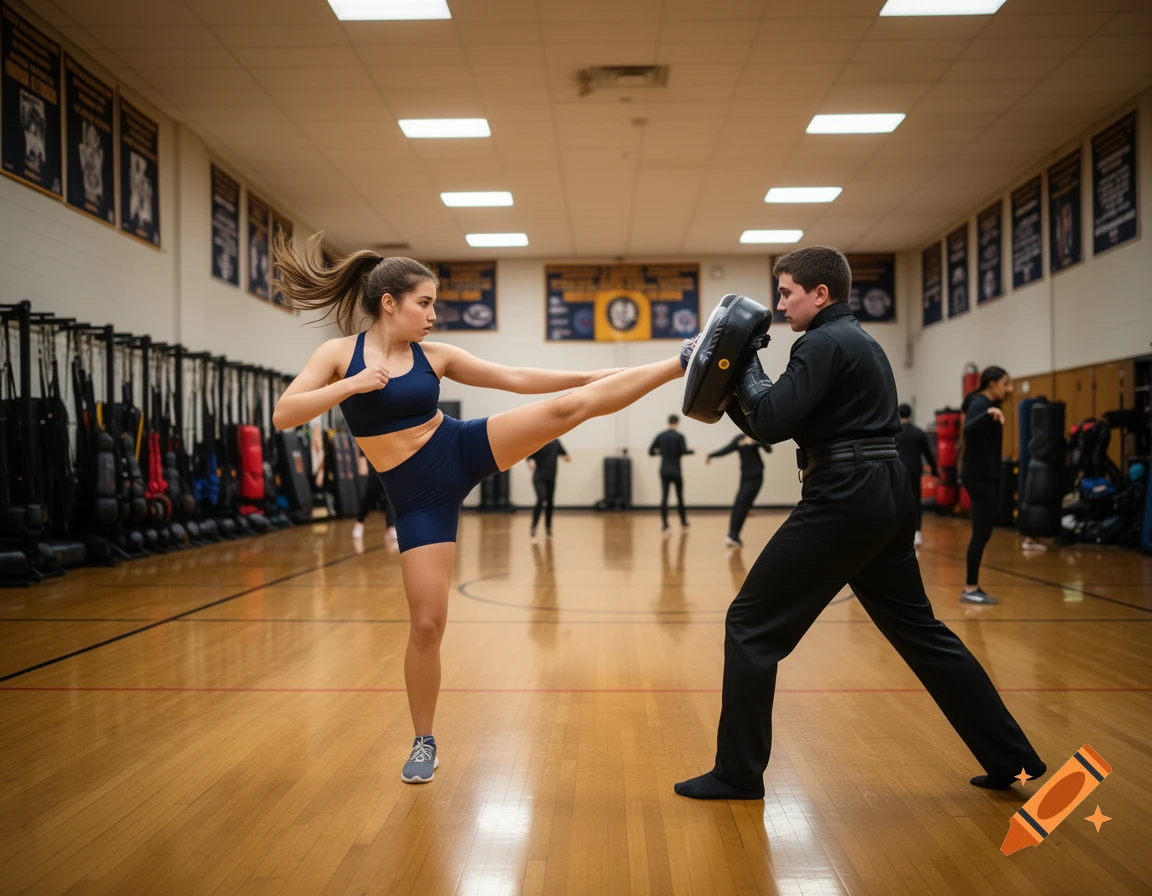 A female student performs a high kick on a male sparring partner holding a pad in a brightly lit gym.