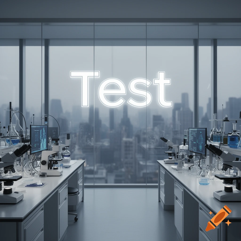 A modern laboratory with equipment overlooking a city skyline, with the word "Test" glowing across the window.