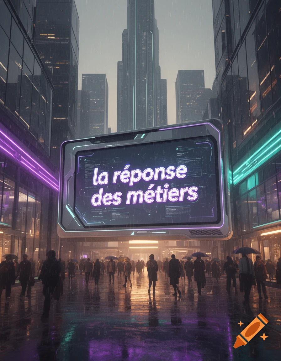 A rainy, futuristic city street at night with neon signs and silhouetted people. A large glowing screen displays "la r sponse des m tiers".