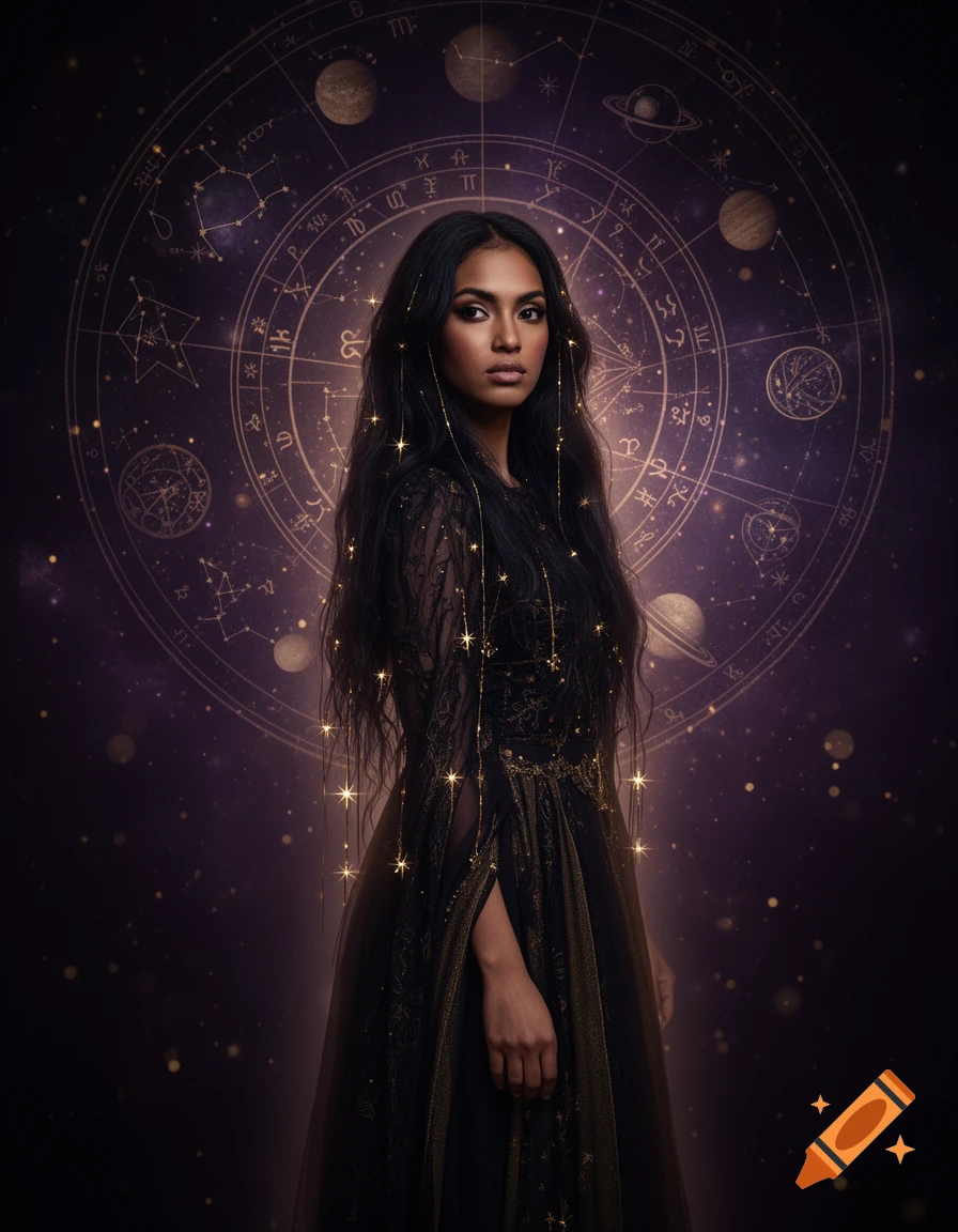 A woman with long black hair, adorned with glowing stars, stands in a dark, ethereal dress against a backdrop of an astrological chart and celestial bodies in deep purple and gold.