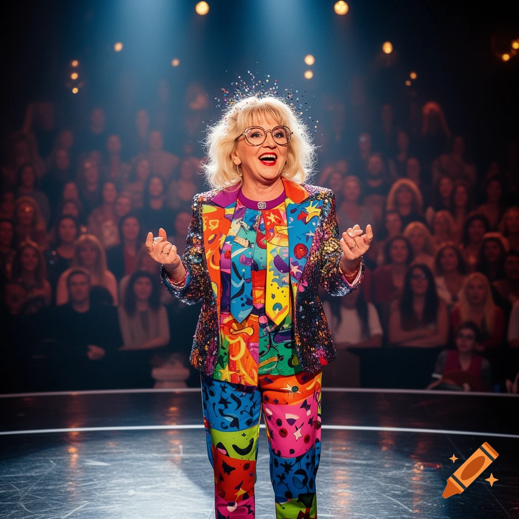 A smiling woman in a vibrant, sequined suit stands on a stage, confetti around her head, in front of a blurred audience.