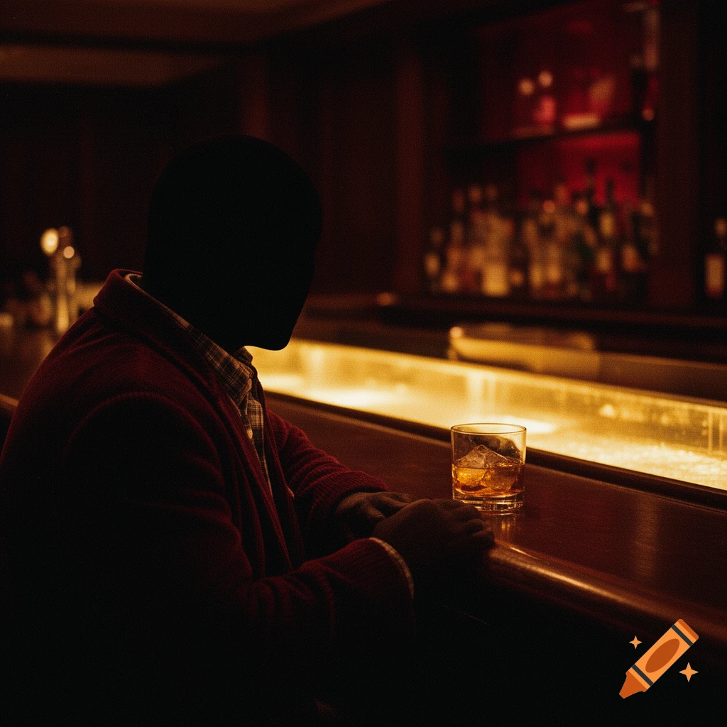 A faceless man in a red jacket sits alone at a warmly lit bar counter with a glass of whiskey, in a dark and moody cinematic style.