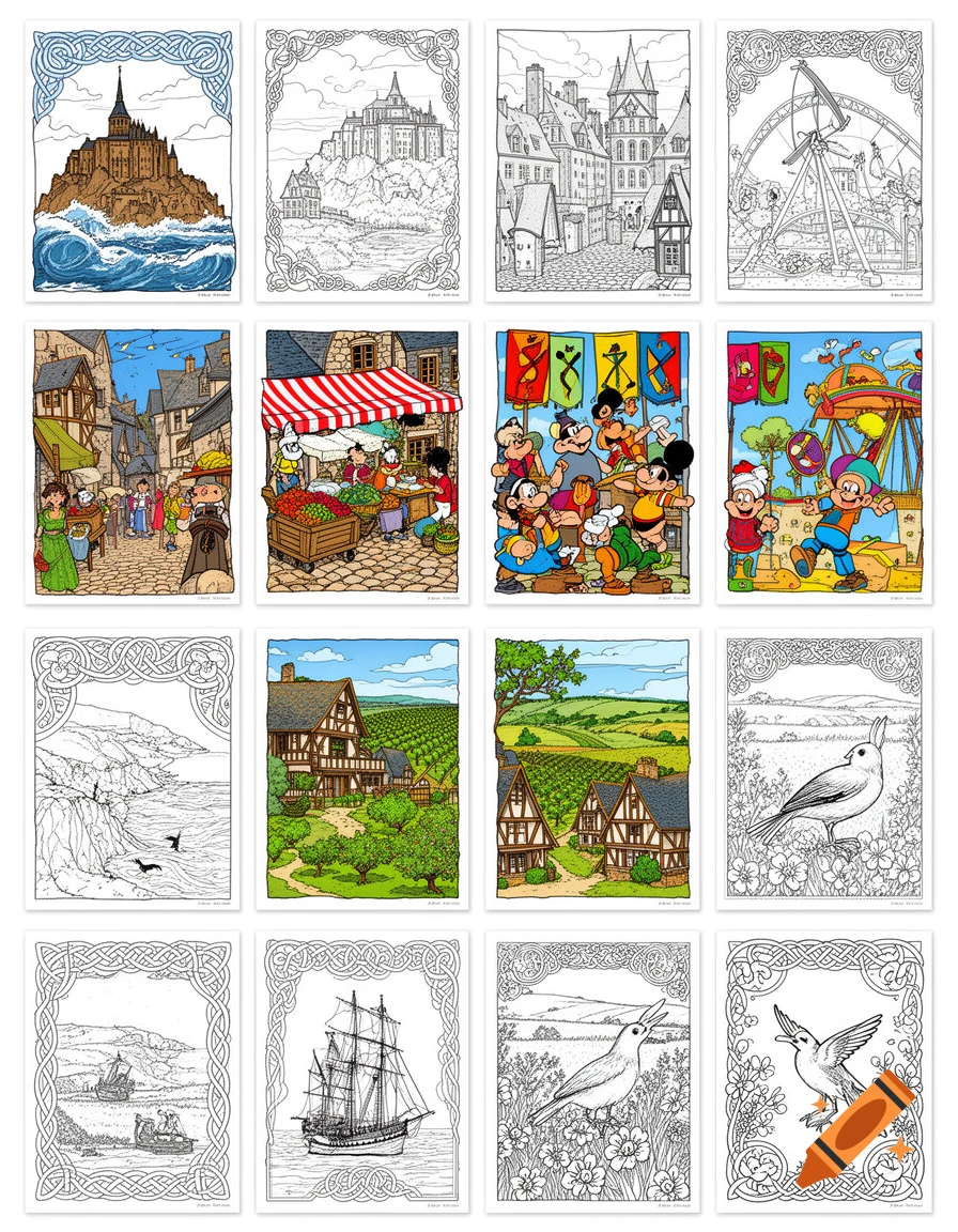 A grid of 12 coloring book illustrations depicting French Normandy scenes, including Mont Saint-Michel, medieval towns, a market, cartoon characters, a coastline, houses, ships, and birds.