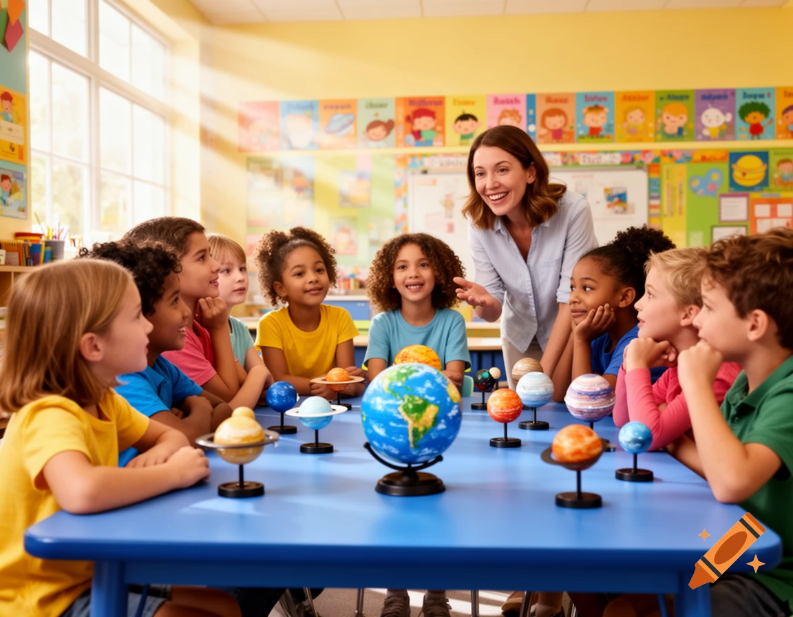 A smiling teacher explains the solar system to a diverse group of elementary students in a bright classroom, with models of planets on their blue table.