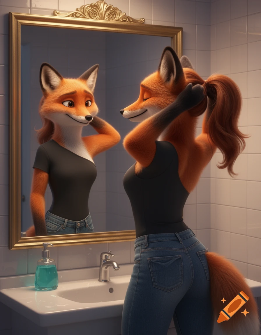 Animated anthropomorphic female fox in a bathroom, tying her hair into a ponytail while smiling at her reflection in the mirror.