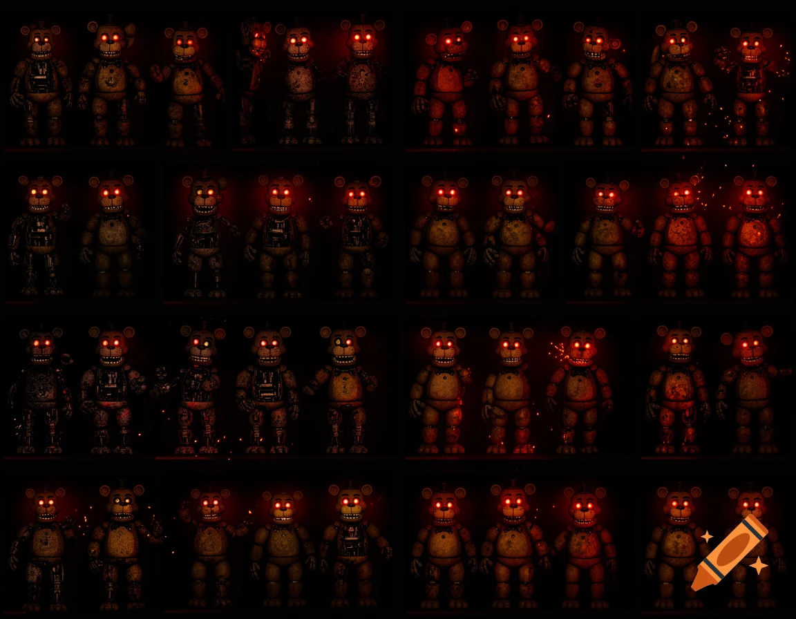 A dark grid of animatronic bear characters with glowing red eyes, resembling Freddy Fazbear from Five Nights at Freddy's.