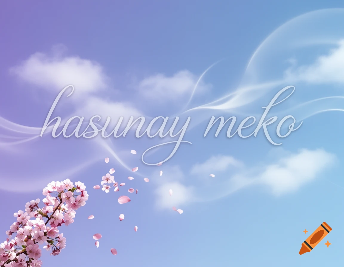 A pastel sky with clouds, white cursive text 'hasunay meko', and a branch of pink cherry blossoms with falling petals.