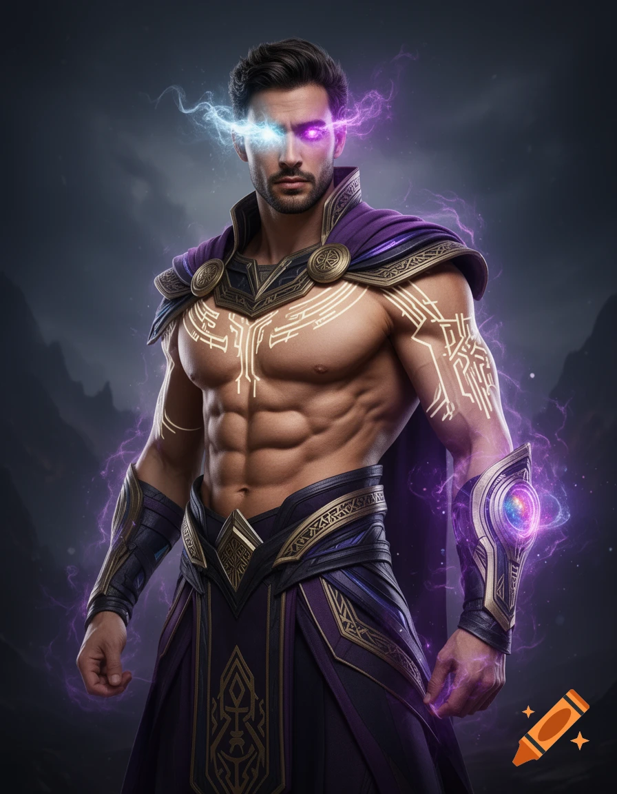 A muscular cosmic superhero with glowing blue and purple eyes, energy markings, and ornate purple and gold armor against a stormy background.