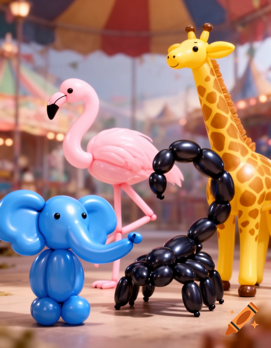 A blue balloon elephant, pink flamingo, black scorpion, and yellow giraffe stand on a wooden floor at a colorful fairground.