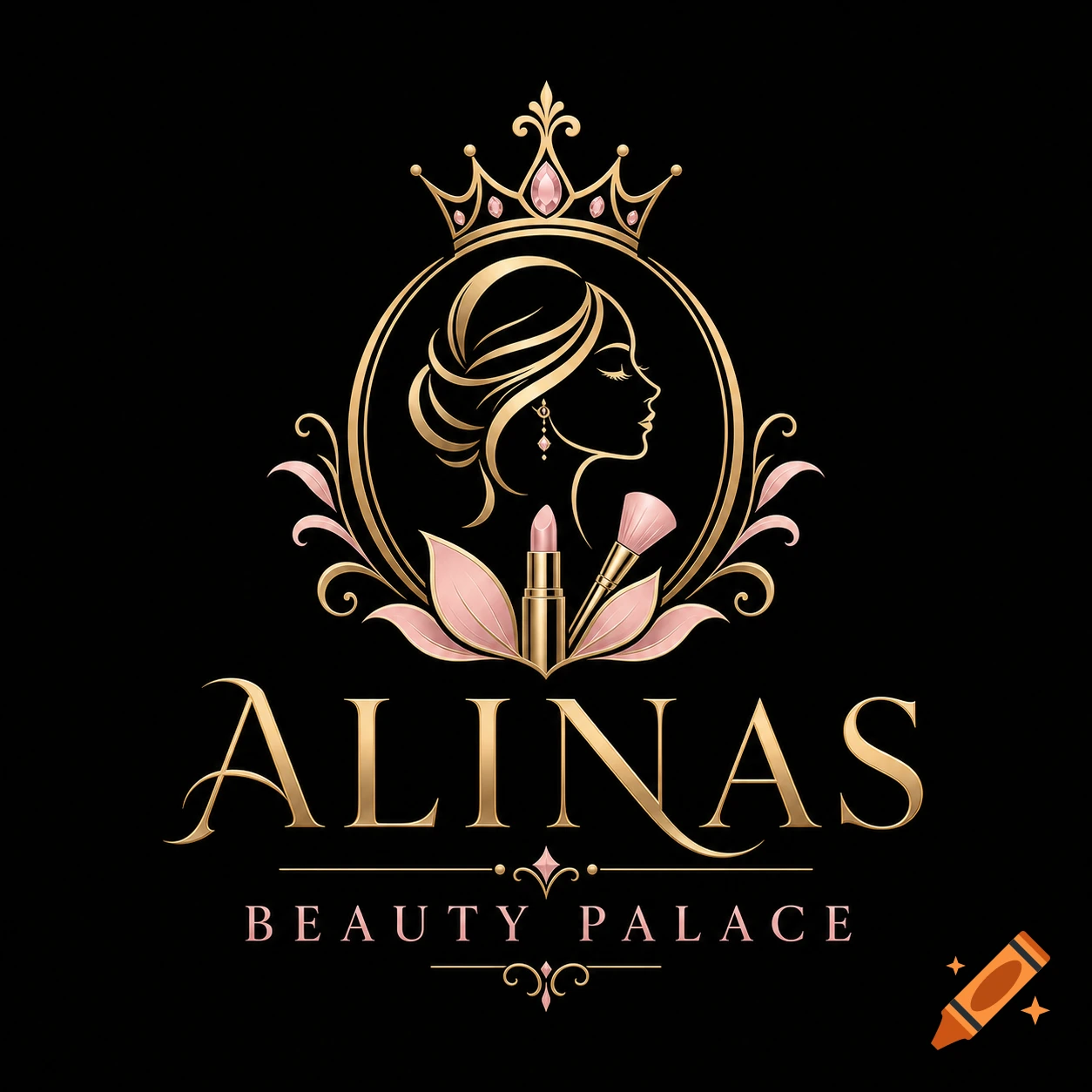 A luxurious gold and pink logo for "Alinas Beauty Palace" featuring a crowned woman's profile, lipstick, and a makeup brush.