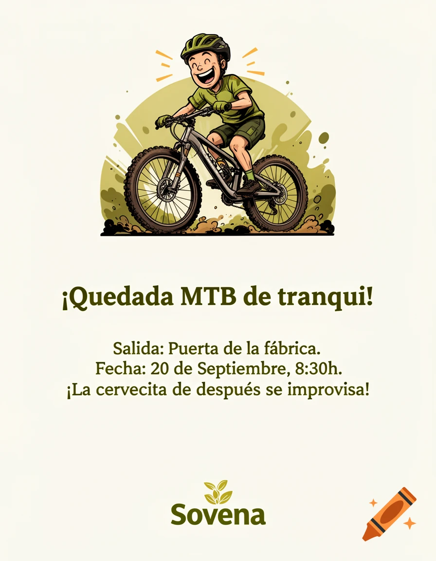 A happy cartoon mountain biker on a light background, above a Spanish event poster for a relaxed MTB gathering, with details and the 'Sovena' logo.