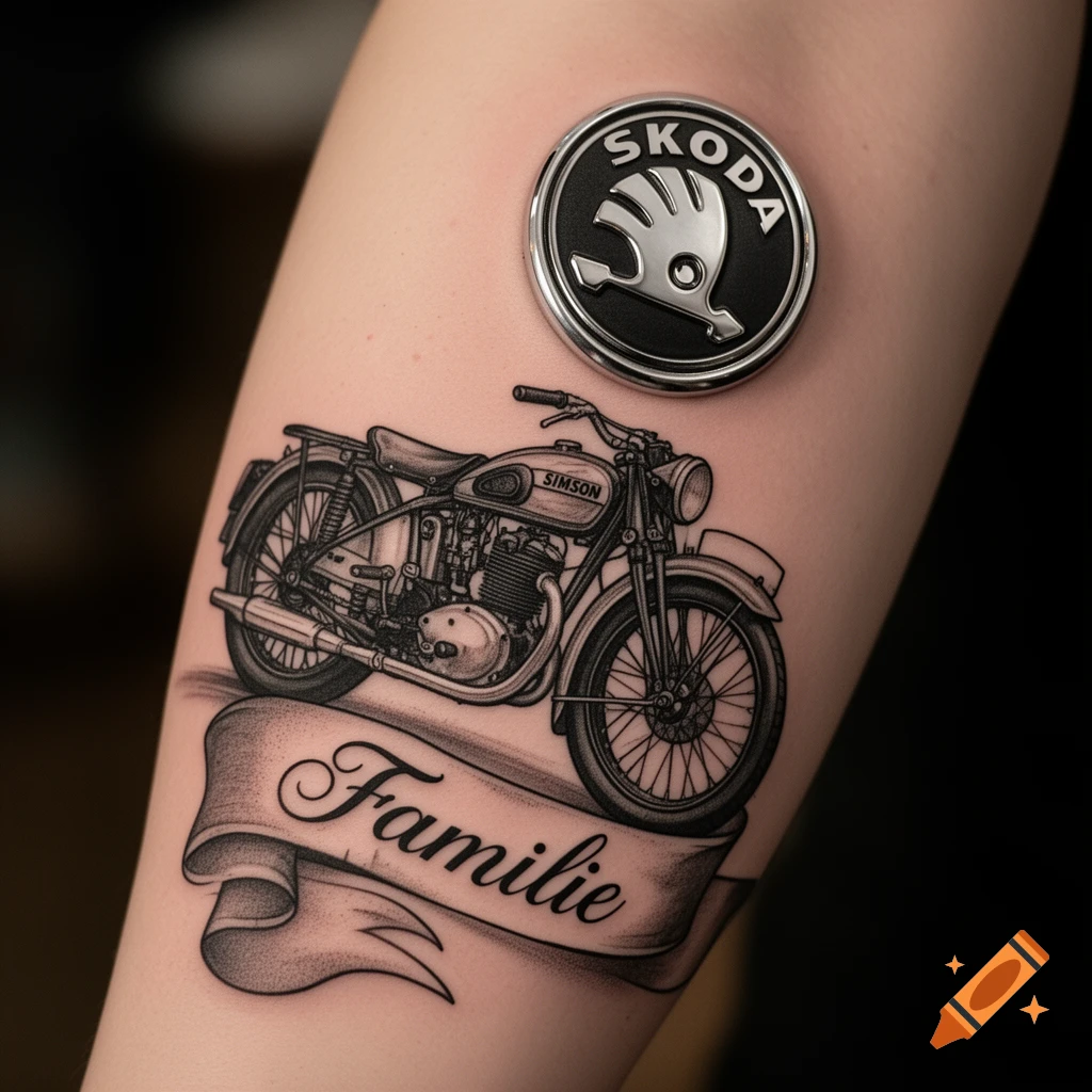 A black and white tattoo of a vintage motorcycle with a banner inscribed "Familie" on an arm, next to a metallic Skoda logo.