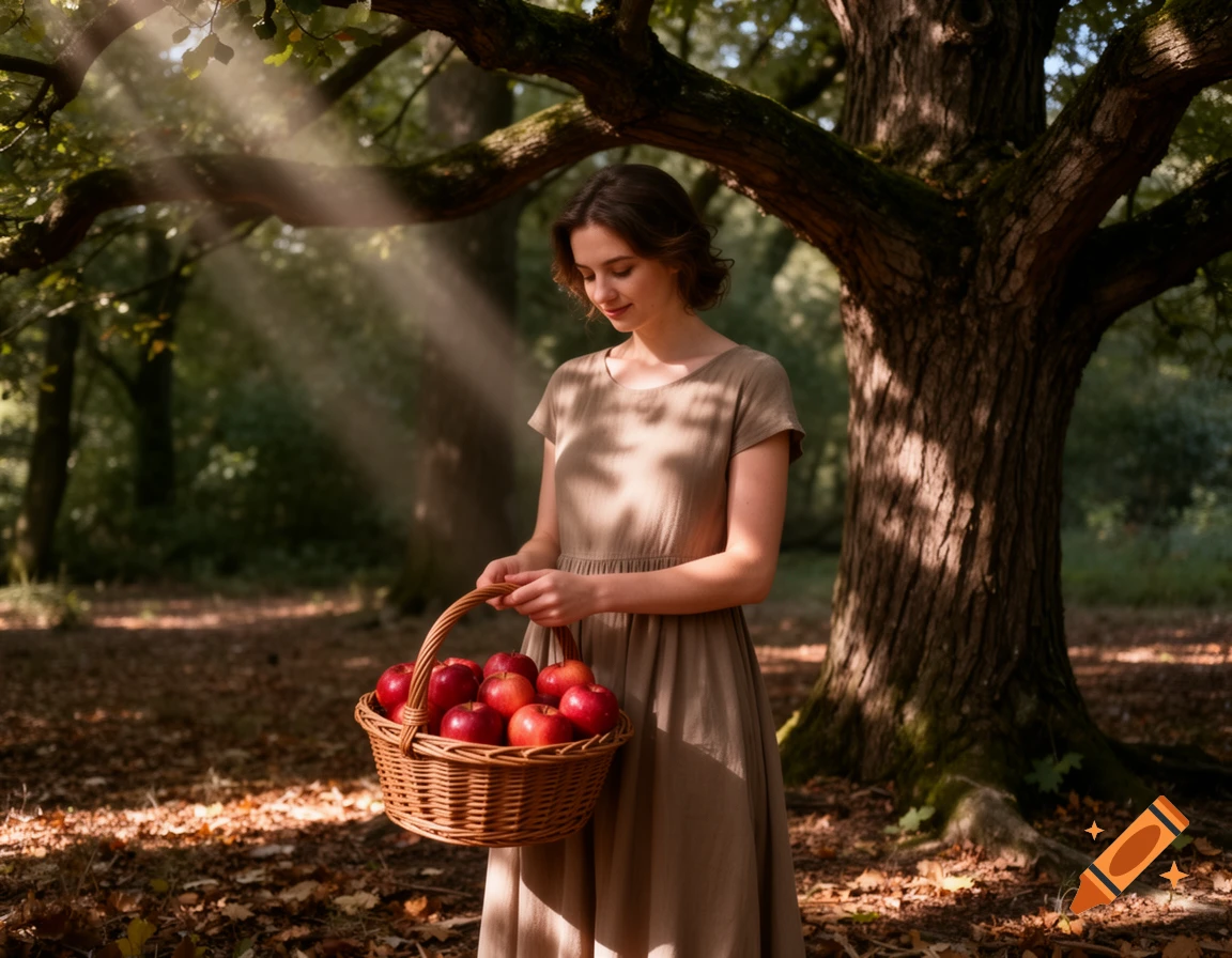 A young woman in a beige dress stands under a tree in a sunlit forest, holding a woven basket full of red apples.