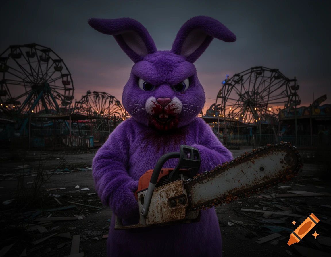 A menacing purple rabbit mascot with a blood-stained mouth holds a rusty chainsaw in a spooky, abandoned amusement park at dusk.