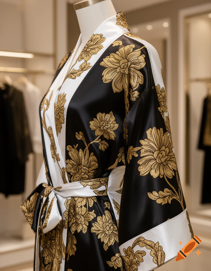 Photorealistic image of a black and white robe with intricate gold floral patterns on a mannequin.
