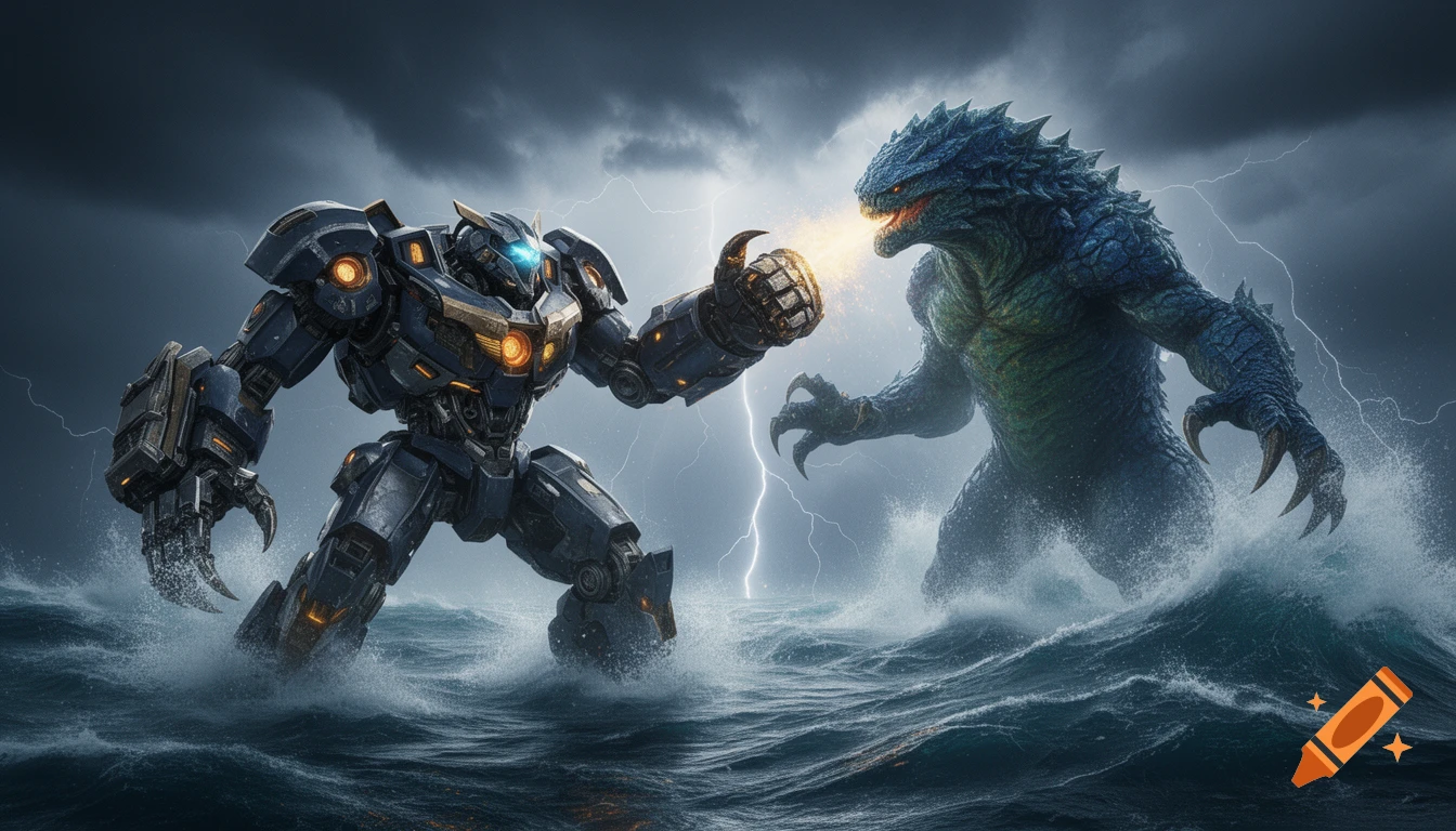A giant robot and a colossal monster battle in a stormy ocean with lightning in the sky, photorealistic style.