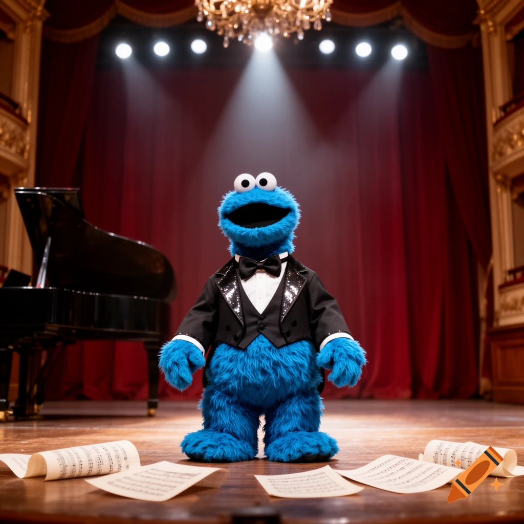 Cookie Monster in a tuxedo stands on a spotlighted opera stage with a grand piano and scattered sheet music.