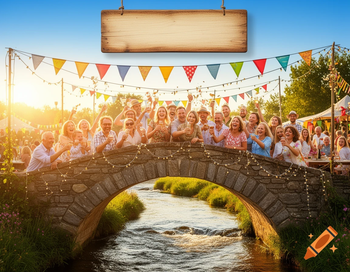 Joyful crowd celebrating on a stone bridge over a creek, adorned with festive banners and lights, under a sunny sky. Photorealistic.
