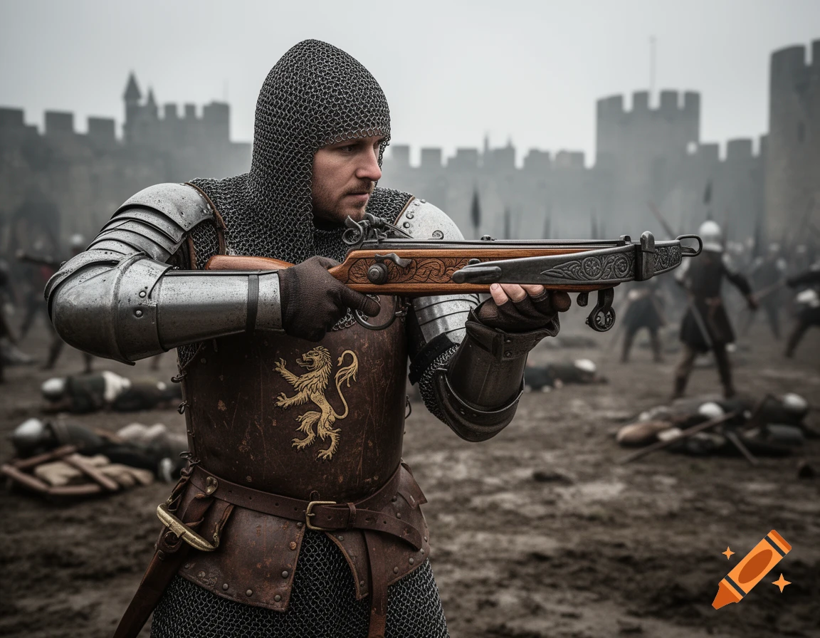 A medieval soldier in chainmail and plate armor aims a crossbow on a muddy battleground with castle walls behind him.
