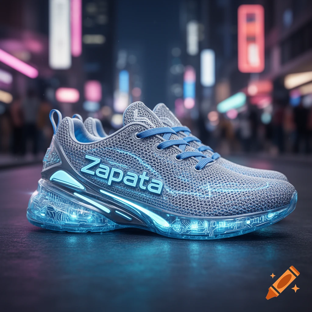 A pair of grey smart sneakers with glowing blue circuit patterns and 'Zapata' branding, on a dark city street at night.