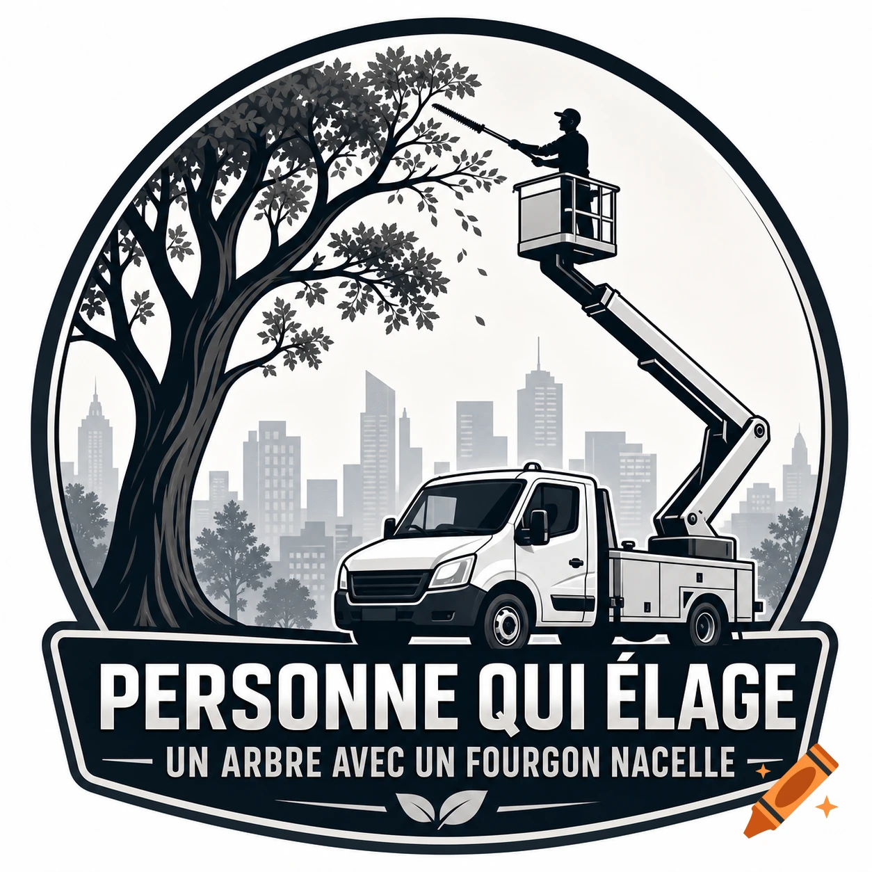 Black and white logo of an arborist in a lift truck pruning a tree, with a city skyline backdrop and text.