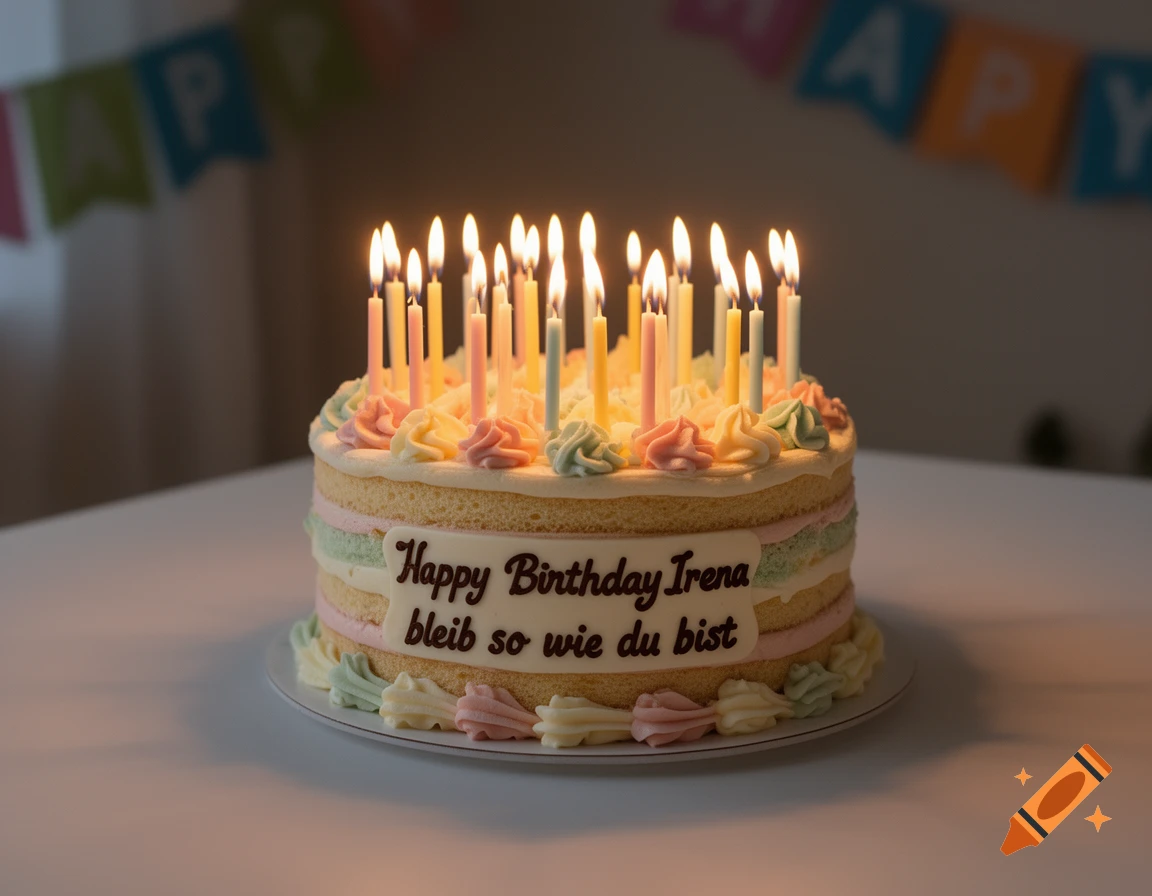 A birthday cake with many lit candles and pastel icing. Text on the side says 'Happy Birthday Irena bleib so wie du bist'.