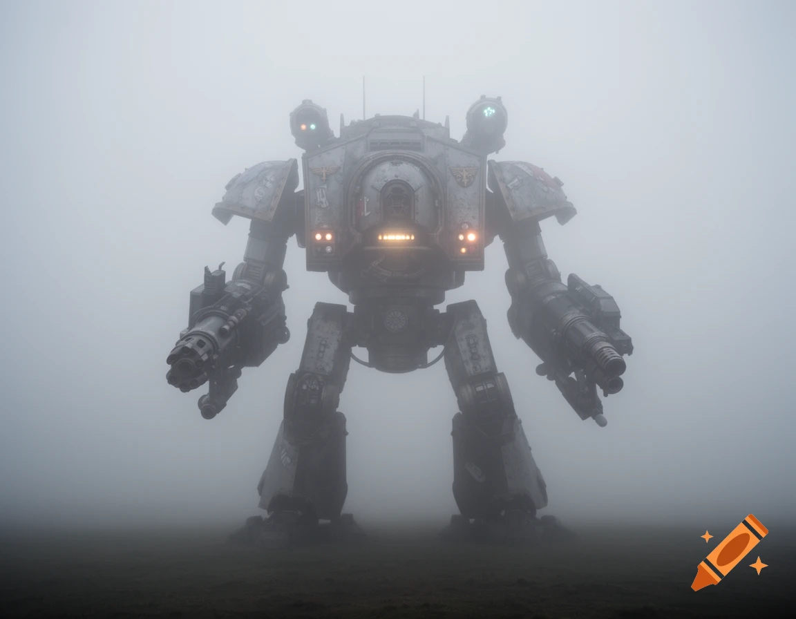 A heavily armored Warhammer 40k dreadnought with glowing lights stands imposingly in a thick, atmospheric fog.