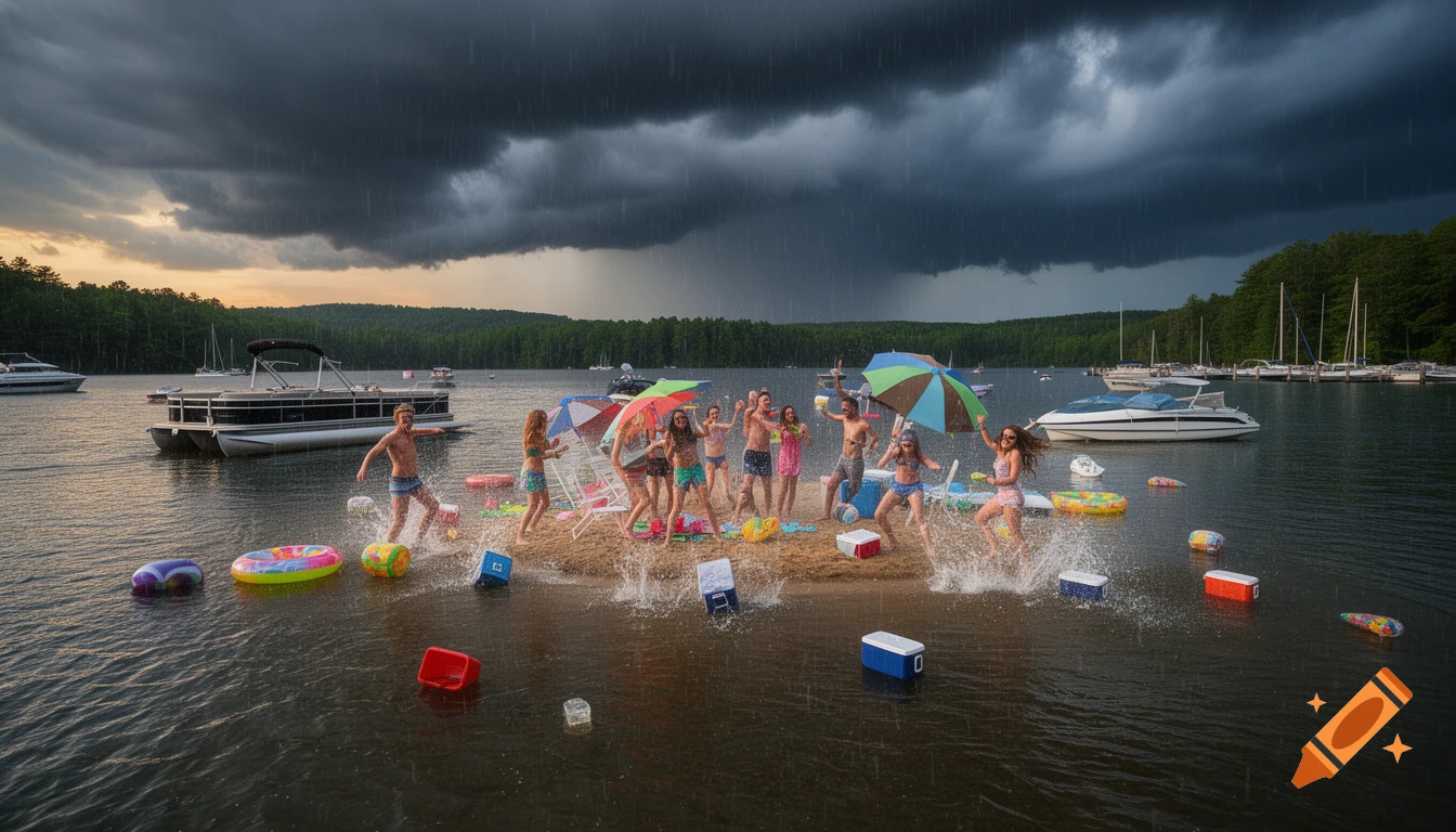 A group of people party on a shallow sandbar in a lake as a storm rolls in, rain pours, and coolers float away. Boats are in the background. Photorealistic style.