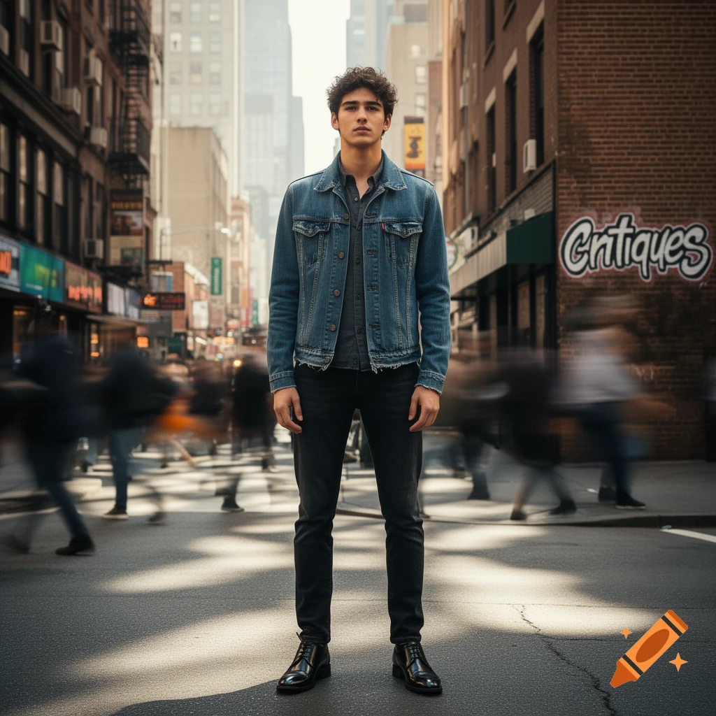 A young man with curly hair stands in the middle of a city street, wearing a denim jacket and black jeans.