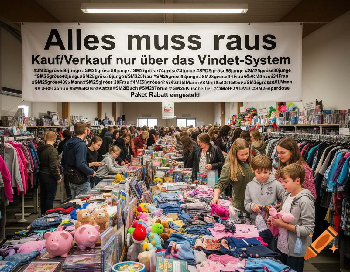 A crowded indoor flea market with many people browsing tables piled with clothes, books, and various goods. A large banner hangs above with German text.