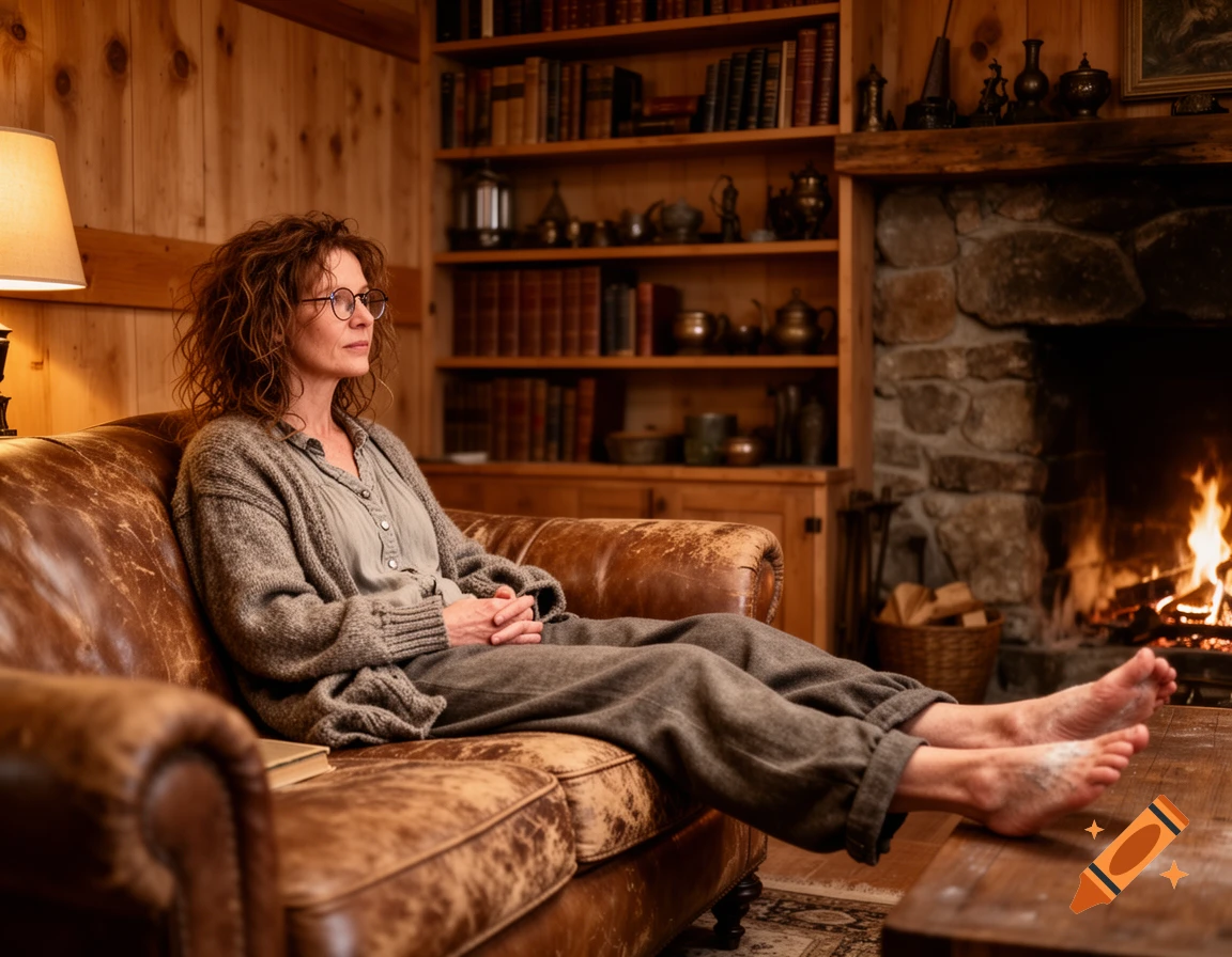 A woman with messy brown hair and glasses sits on a leather couch with bare feet by a fireplace and bookshelf in a cozy cabin.