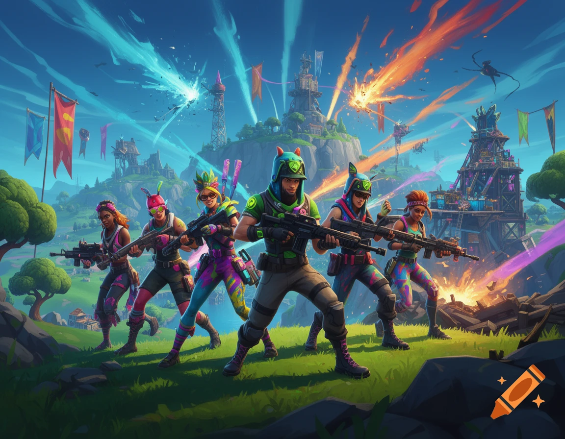 A colorful, stylized image of five Fortnite-style characters with weapons in an action-packed landscape with explosions.