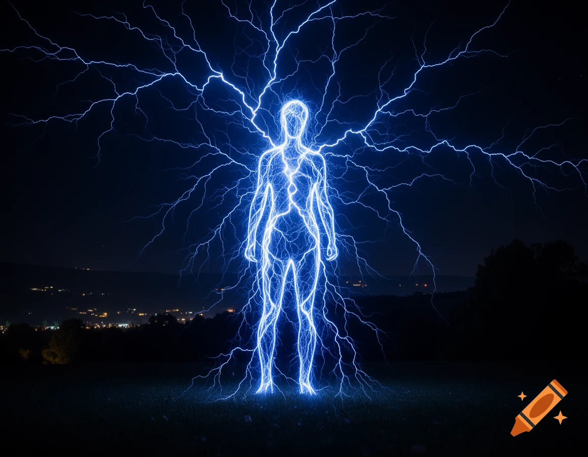 A human silhouette formed by bright blue lightning bolts stands in a dark field against distant city lights.
