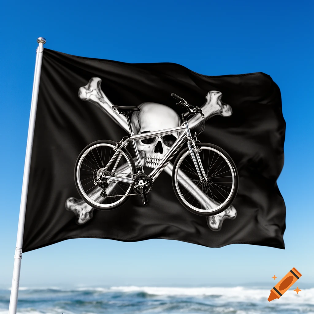 A black pirate flag with a silver bicycle replacing the skull and crossbones, flying above a blue ocean.