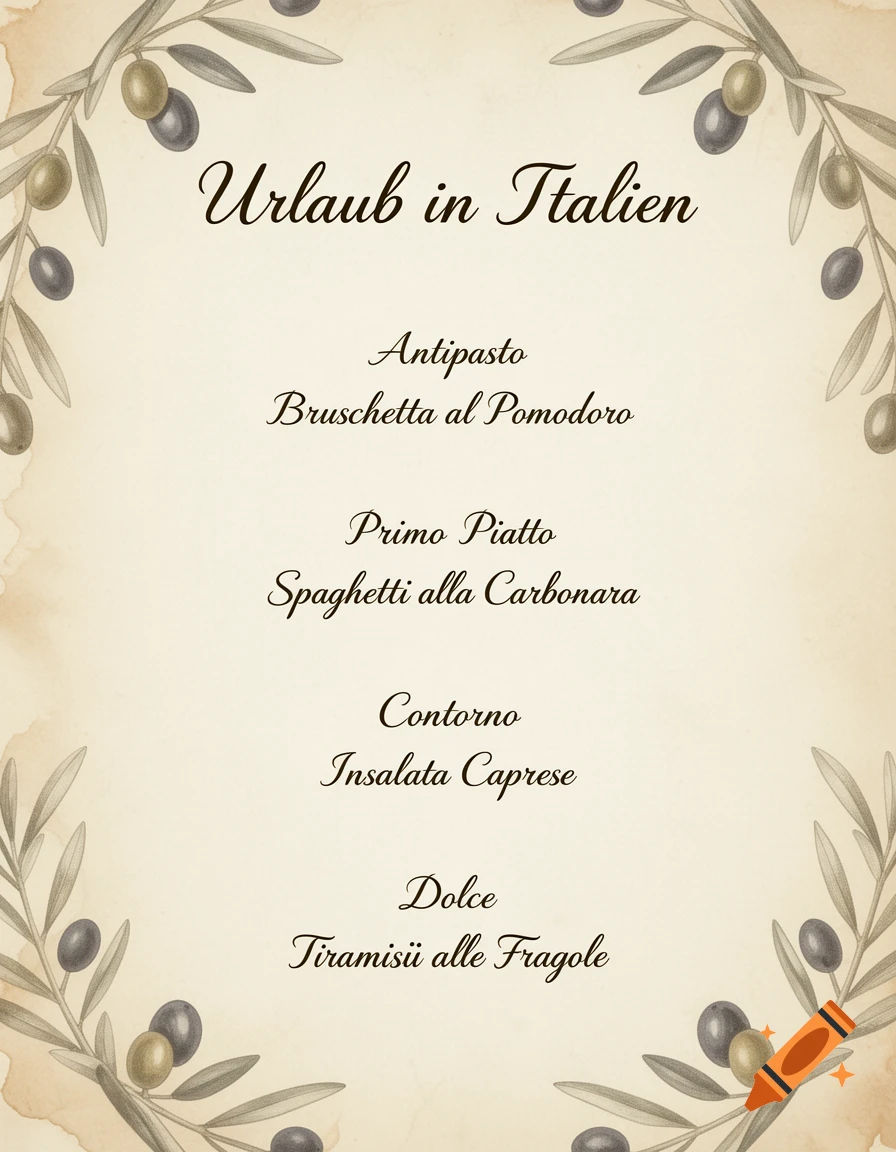 An elegant, vintage-style Italian menu titled "Urlaub in Italien," adorned with watercolor olive branches and listing courses like Bruschetta and Tiramisu.