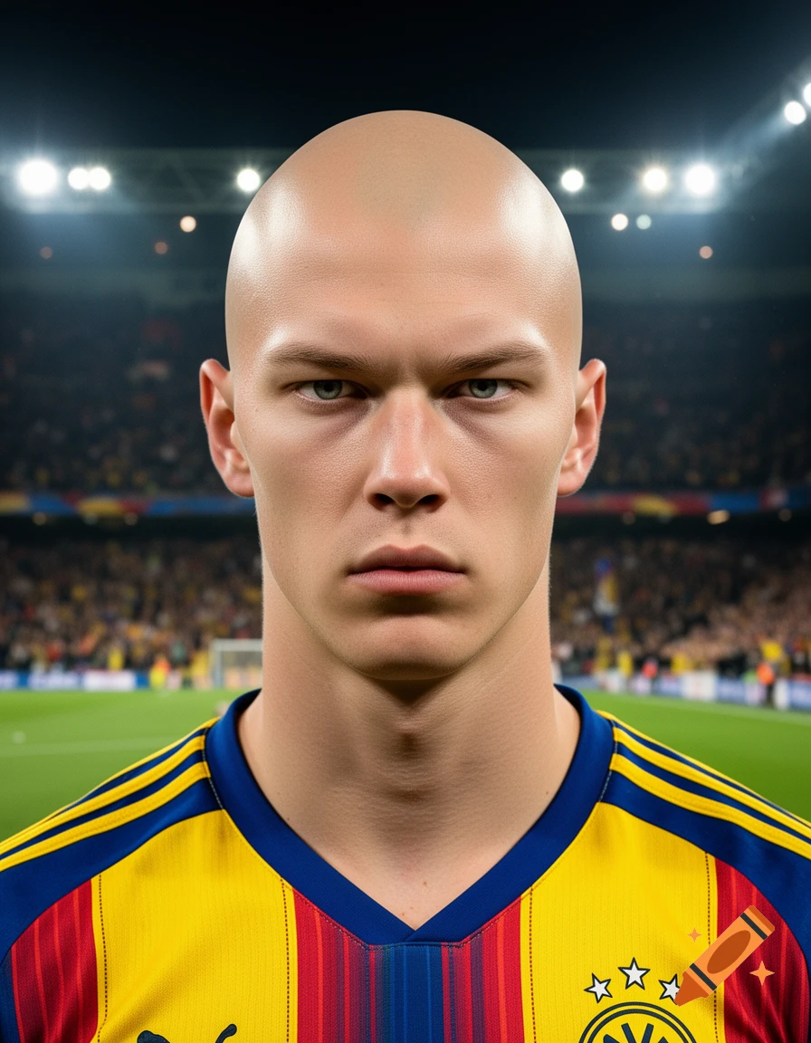 A bald man with a stern expression wears a yellow, blue, and red soccer jersey in a stadium at night.