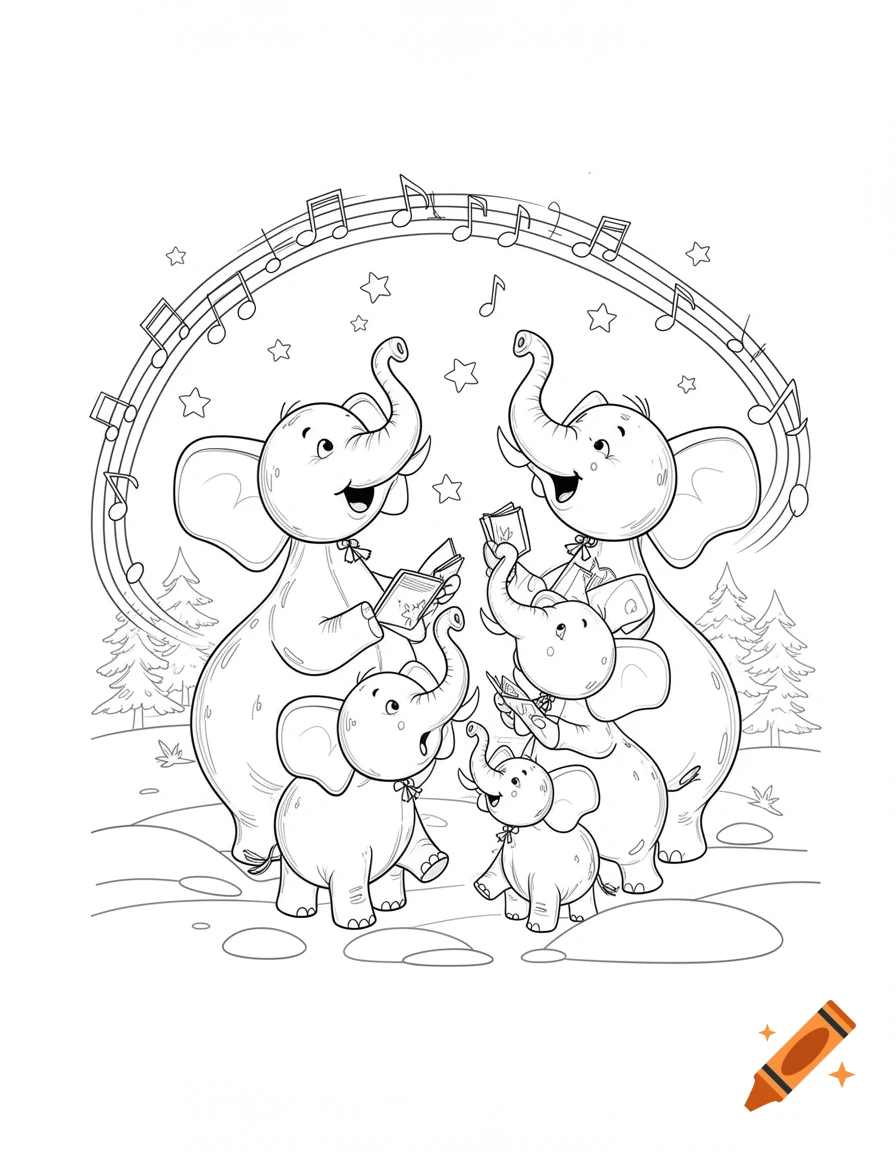 Line art of cartoon elephants singing Christmas carols from songbooks, with musical notes floating above them.