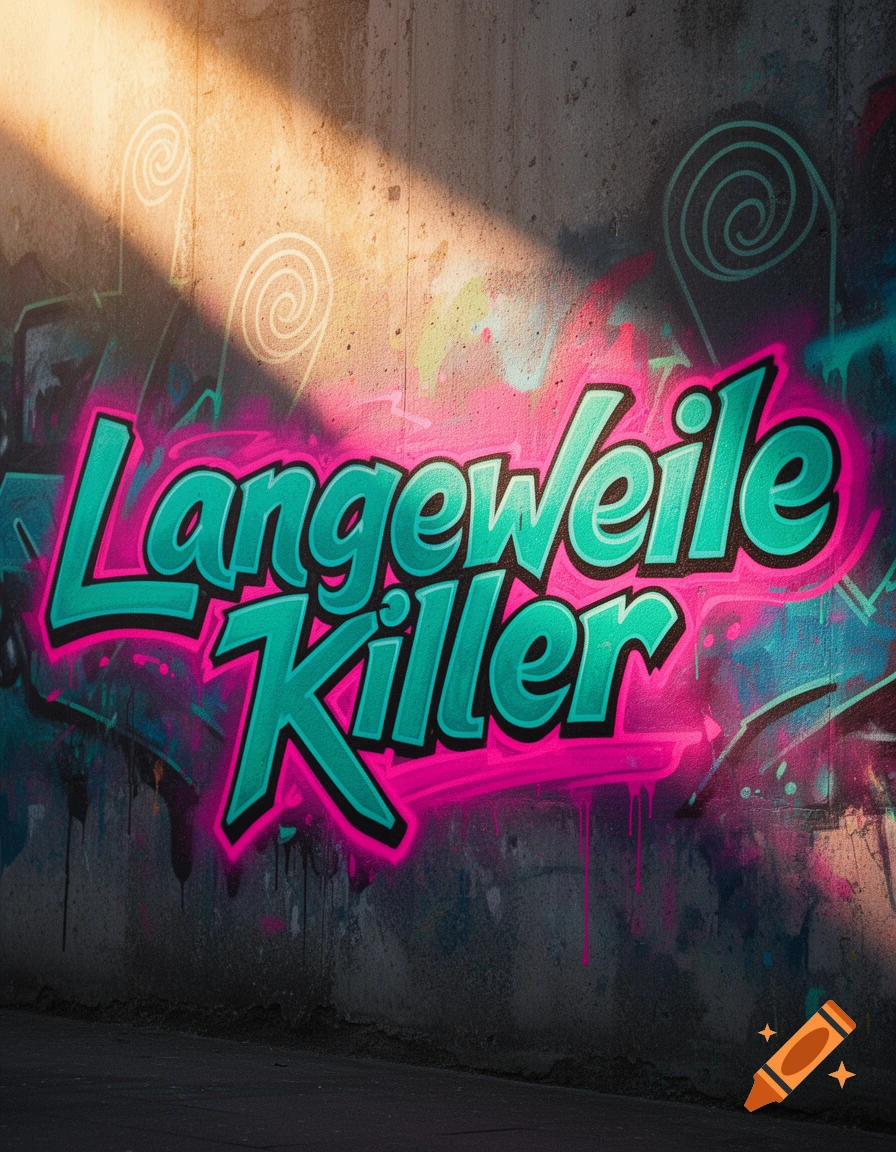 Vibrant graffiti spelling 'Langeweile Killer' in teal and pink on a concrete wall, bathed in a sunbeam.