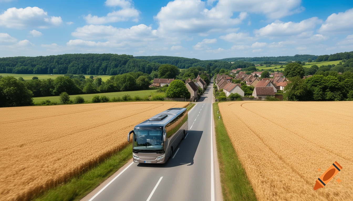 A modern tour bus drives on a road through golden wheat fields with a village and forest in the background under a blue sky.