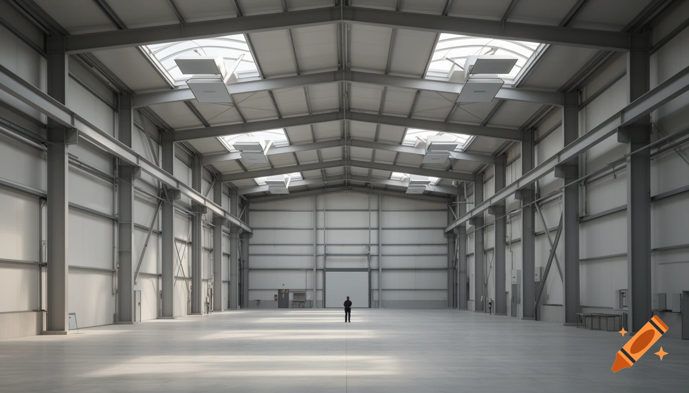 An expansive, empty industrial hall with numerous skylights, natural light, and a lone person standing in the center.