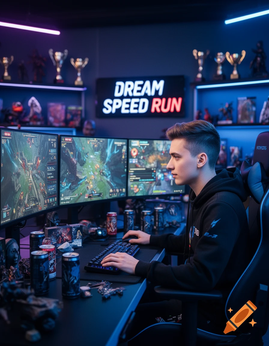Young man intently playing a video game on a multi-monitor setup in a dimly lit, neon-accented room with a 'DREAM SPEED RUN' sign.