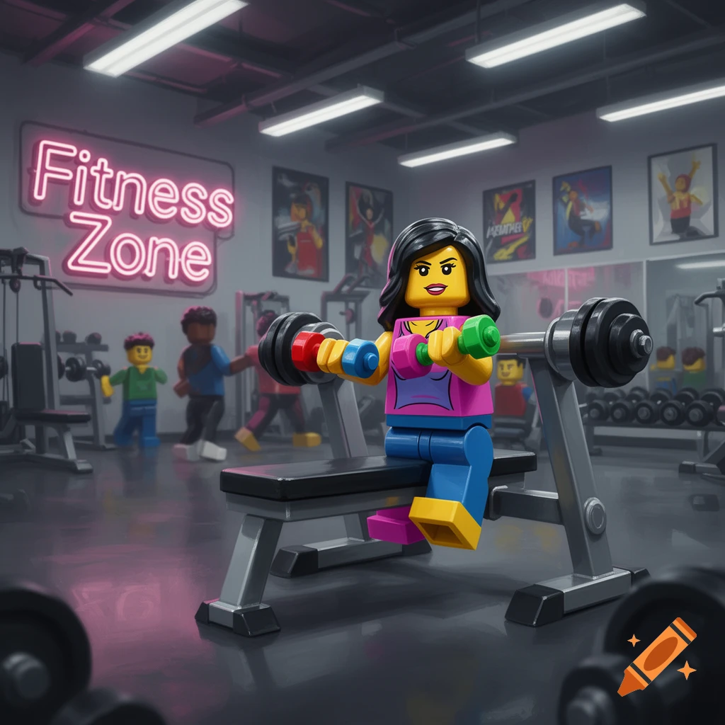 Lego minifigure of a woman lifting dumbbells on a bench in a gym with a neon "Fitness Zone" sign.