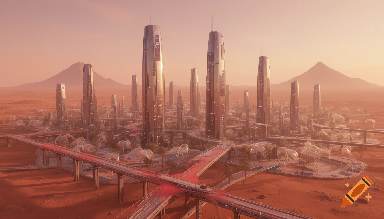 Aerial view of a futuristic cityscape with sleek skyscrapers and glowing red elevated highways on a Mars-like desert under a sunrise sky.