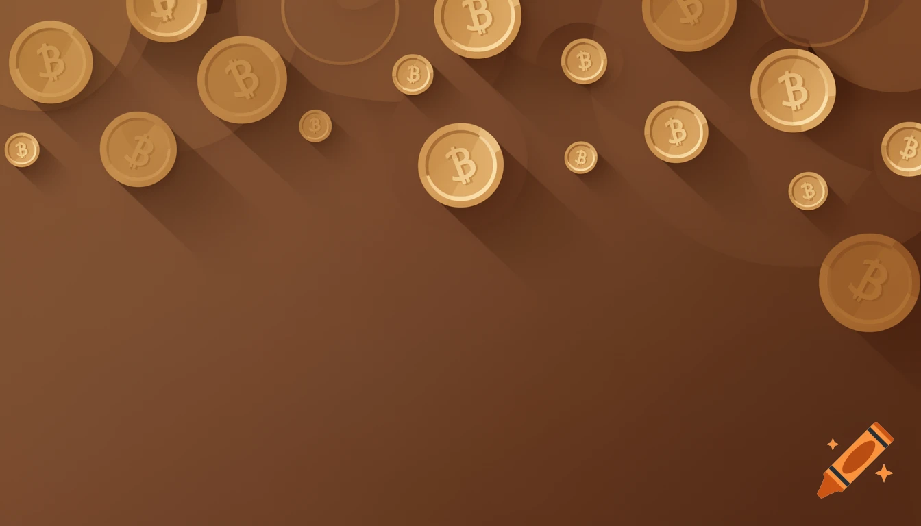 Gold Bitcoin-like coins with long shadows floating on a solid brown background in a flat design style.
