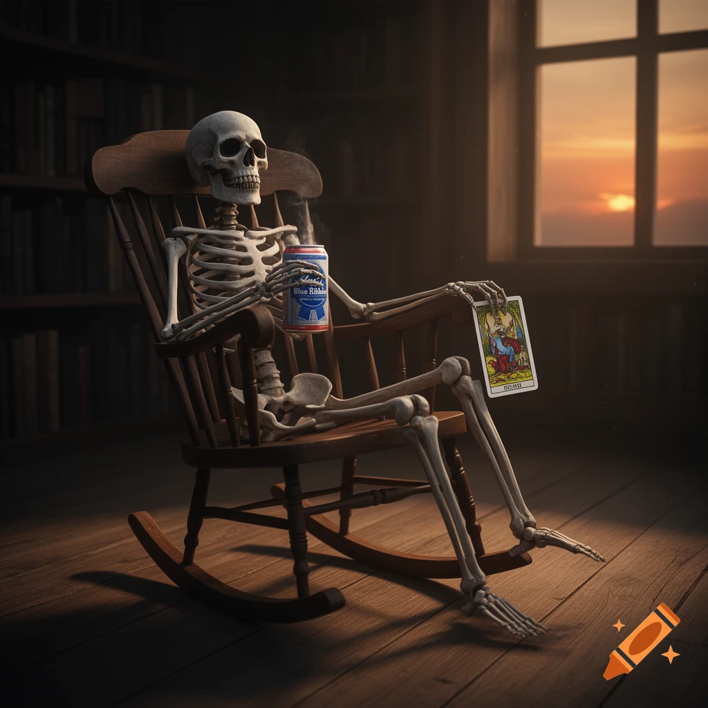 A skeleton relaxes in a rocking chair, holding a can of Pabst Blue Ribbon beer and The Devil tarot card. A sunset is visible through a window.