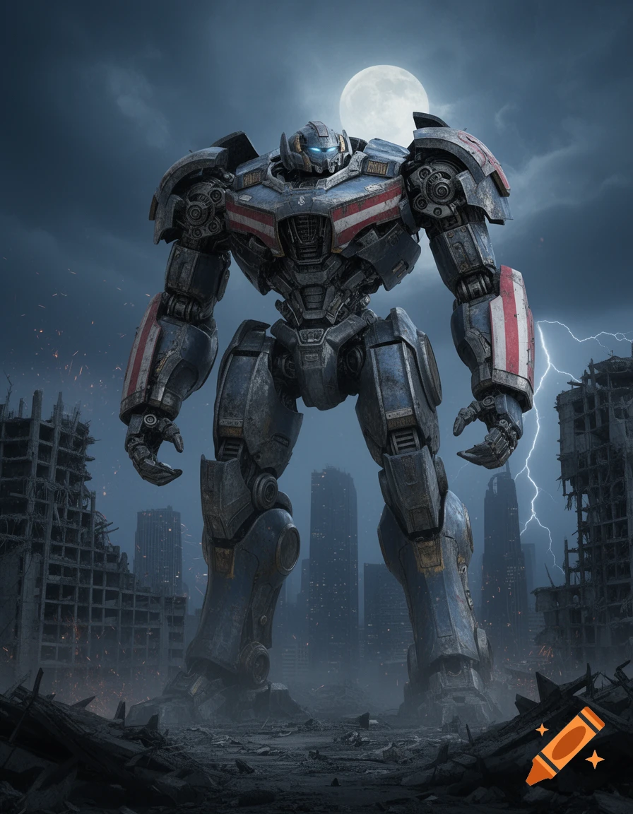 A towering, battle-damaged robot with US flag markings stands in a ruined city under a stormy, moonlit sky with lightning.