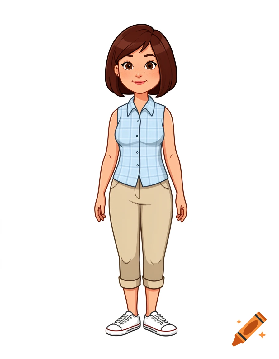 A 2D vector cartoon of a middle-aged woman with a brown bob, wearing a blue plaid sleeveless shirt, beige capri pants, and white sneakers, standing against a white background.