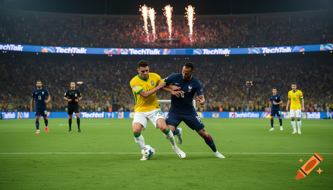 Two football players, one in yellow and one in blue, tackle for the ball on a green stadium field with fireworks overhead.