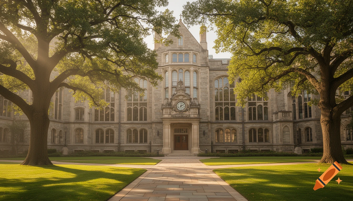 Elegant stone university building with a clock, grand entrance, and tall windows, flanked by large trees, bathed in morning sunlight.