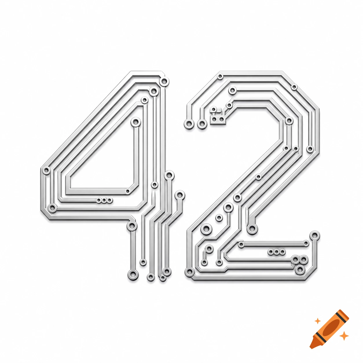 The number 42 stylized as a silver circuit board with traces and vias, casting a shadow on a white background.